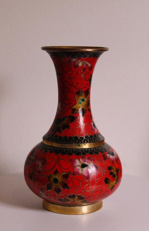 Vintage Red Cloisonné Floral Vase