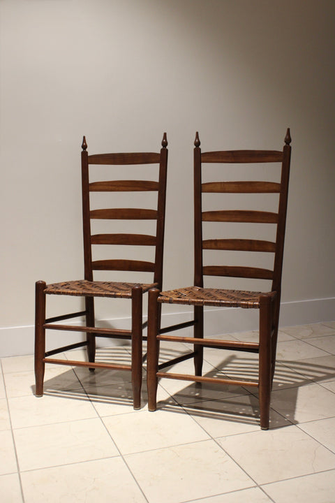 Pair of Antique Style Ladder Back Chairs with Woven Hickory Bark Seats
