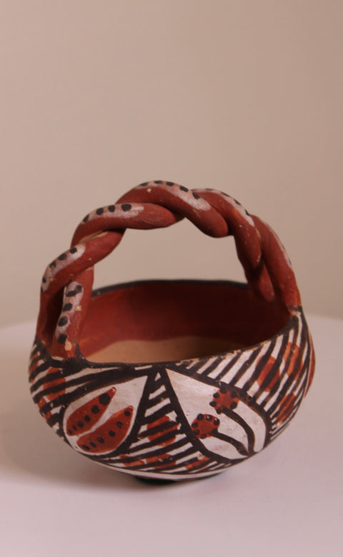 Hand Painted Folk Art Basket Pottery Vessel