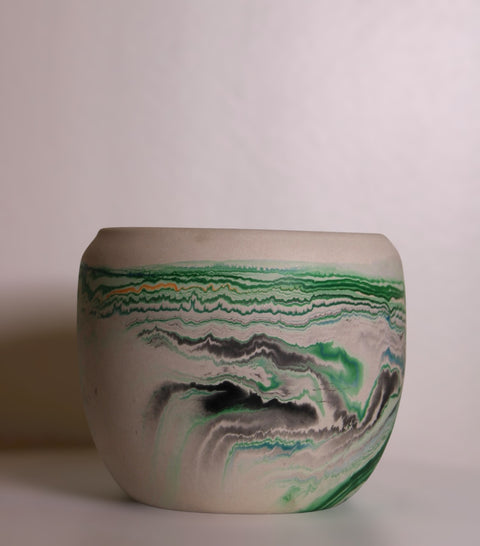 Vintage Nemadji Pottery Green Marble Cachepot Planter Handmade Clay