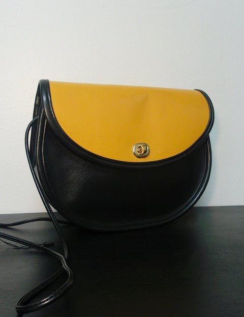 Pre Owned Two-Tone Leather Crossbody Bag | Black & Tan Turn Lock Purse | Minimal Shoulder Bag (Vintage)