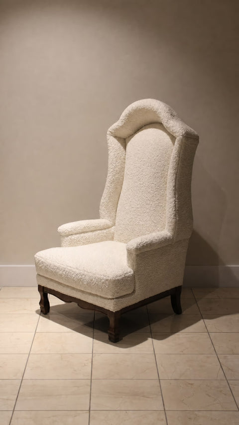 Vintage Cream Bouclé Hollywood Regency Hooded Chair