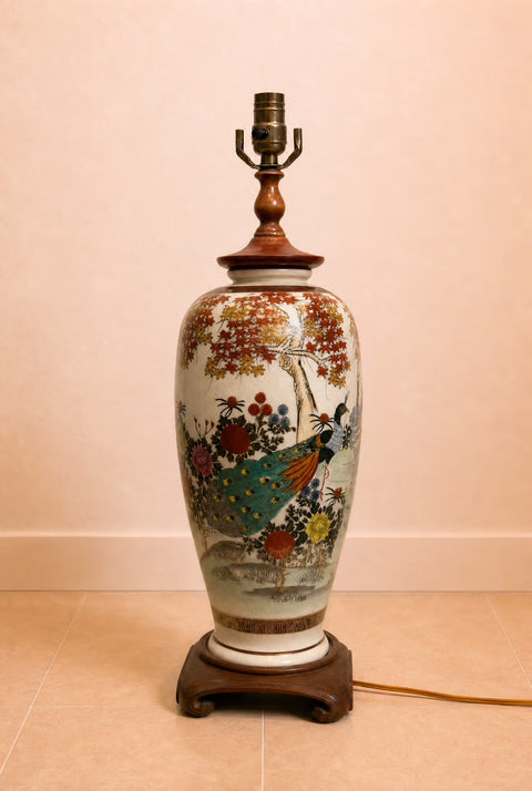 Vintage Japanese Satsuma Porcelain Table Lamp with Peacock & Floral Motif