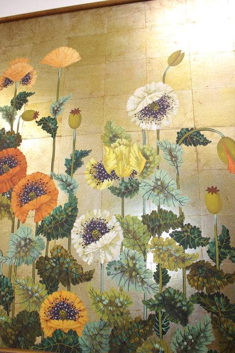Vintage Japanese Floral Screen Panel with White Flowers