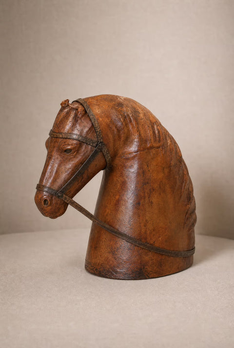 Vintage Brown Leather Horse Head Bust | Equestrian Decor Sculpture