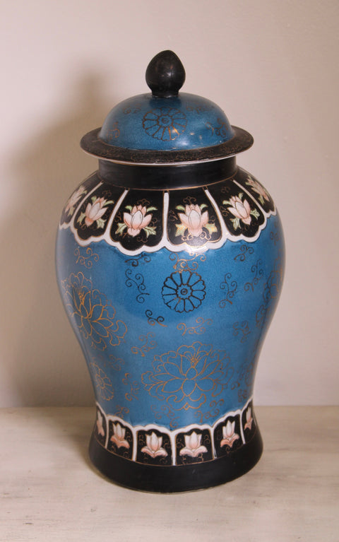 Vintage Blue Cloisonne Style Covered Ginger Jar Floral Enamel Urn