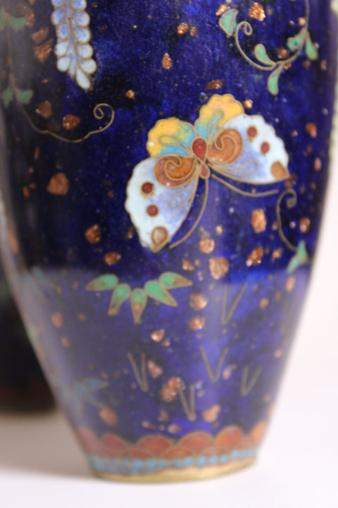 Pair of Vintage Cloisonné Butterfly & Wisteria Vases