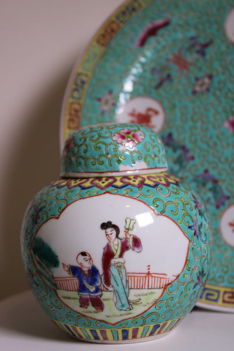 Vintage Turquoise Famille Rose Style Plate and Ginger Jar Set