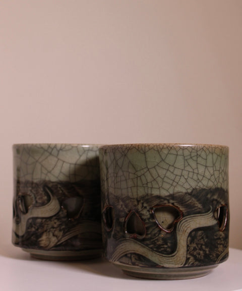 Vintage Japanese Somayaki Double-Wall Yunomi Tea Cups, Celadon Crackle, Set of 2