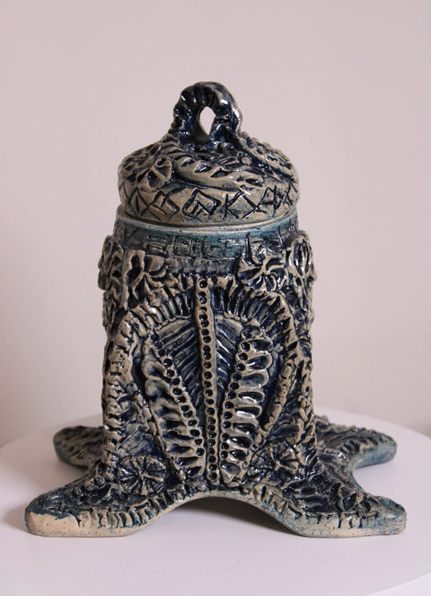Blue White Folk Art Ceramic Covered Box