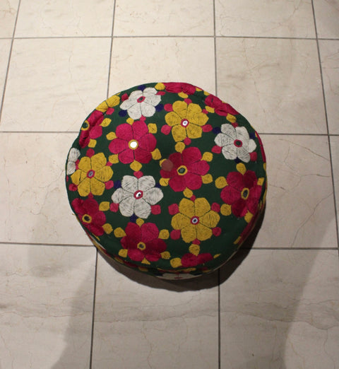 Vintage Hand Embroidered Floral Pouf Ottoman | Bohemian Floor Cushion | Textile Accent Seating