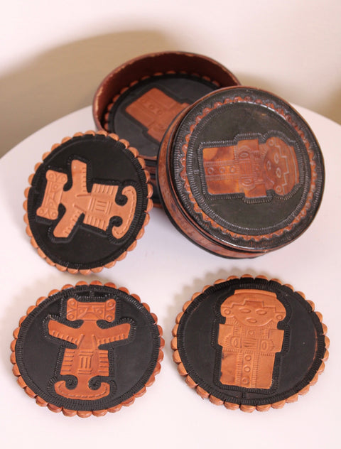 Tooled Leather Round Coaster Set