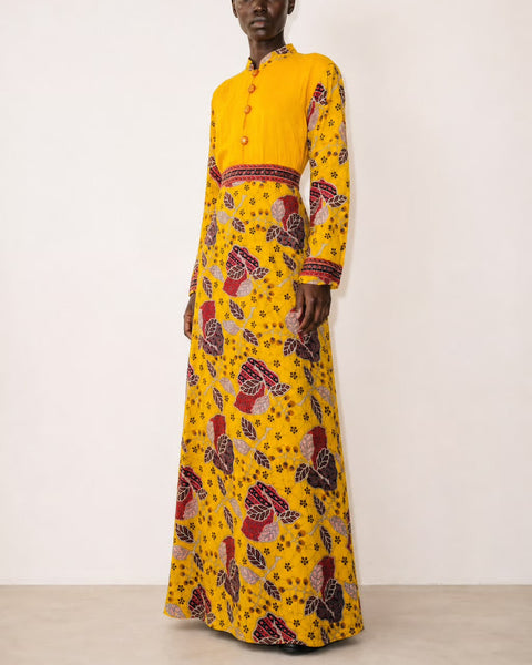 Vintage Yellow Floral Print Maxi Dress | 1970s Bohemian Long Sleeve Dress