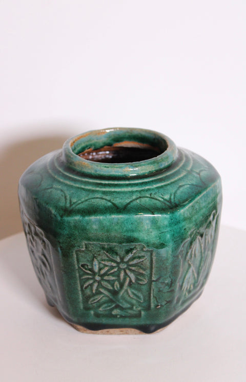 Vintage Chinese Turquoise Ginger Jar | Hexagonal Earthenware Vessel