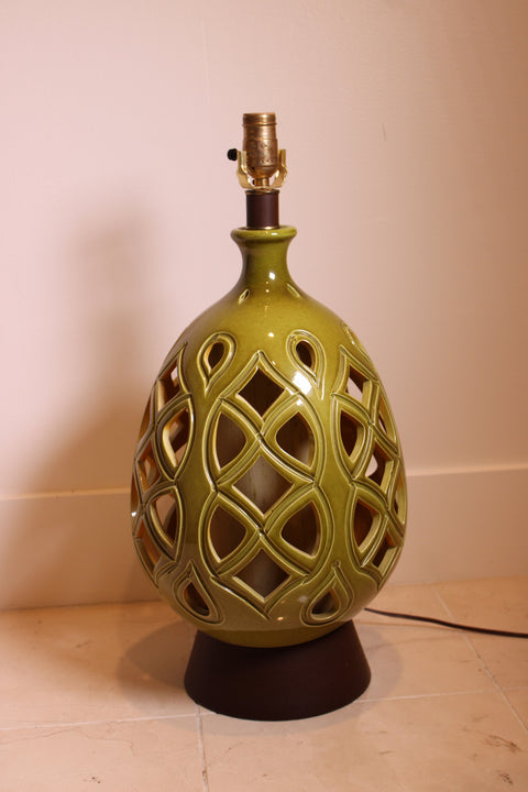 Mid-Century Olive Green Pierced Pottery Table Lamp