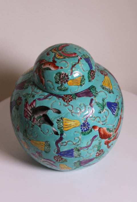 Vintage Turquoise Famille Rose Covered Jar with Floral and Figural Motifs