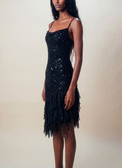 Stenay Vintage Black Sequin Ruffle Slip Dress
