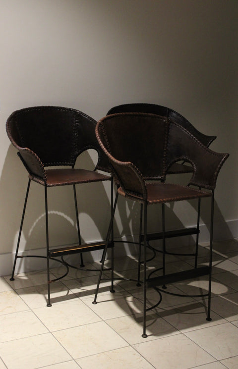 Set of 3 Vintage Leather & Iron Counter Stools | Rustic Modern Bar Seating
