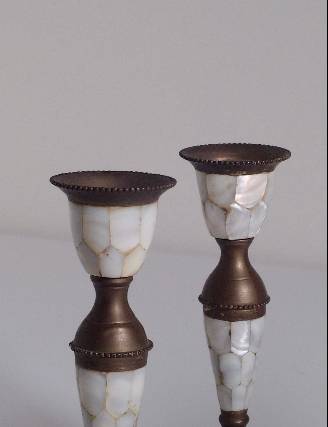 Pair of Abalone & Brass Candlestick Holders – Vintage