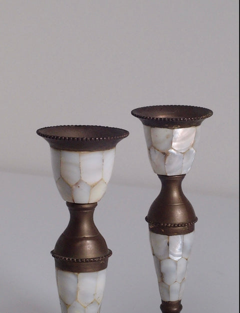 Pair of Abalone & Brass Candlestick Holders – Vintage