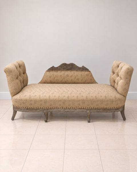 French-Style Tufted Settee with Carved Wood Frame