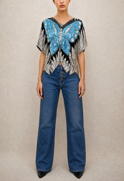 Blue Butterfly Sequin Top