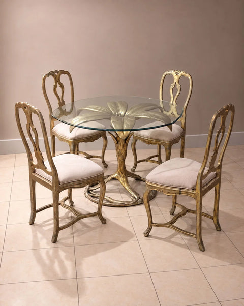 Vintage Drexel Gilt Lily Glass-Top Dining Table and Four Chairs