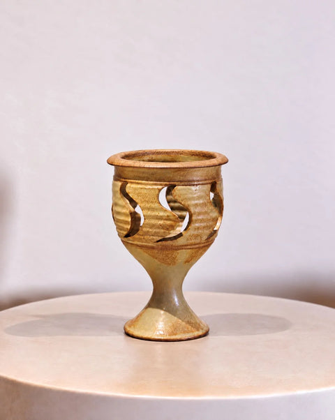 Earth-Tone Pierced Pottery Pedestal Candle Holder