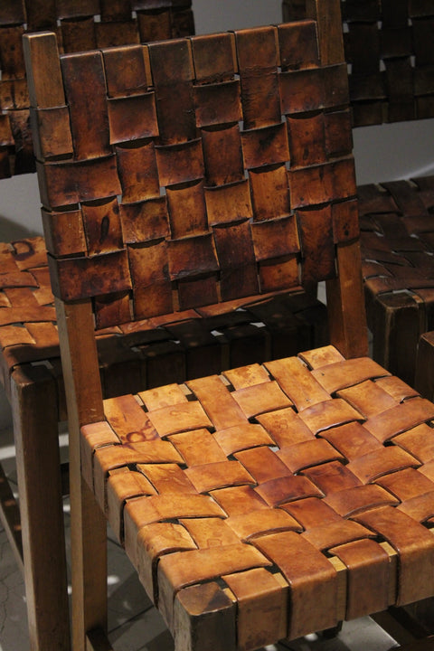 Vintage Spanish Revival Leather Strap Dining Chairs | Set of Four Brutalist Chairs