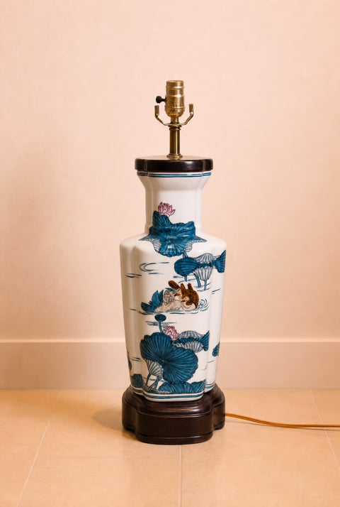 Vintage Knob Creek Chinoiserie Porcelain Table Lamp with Lotus Motif
