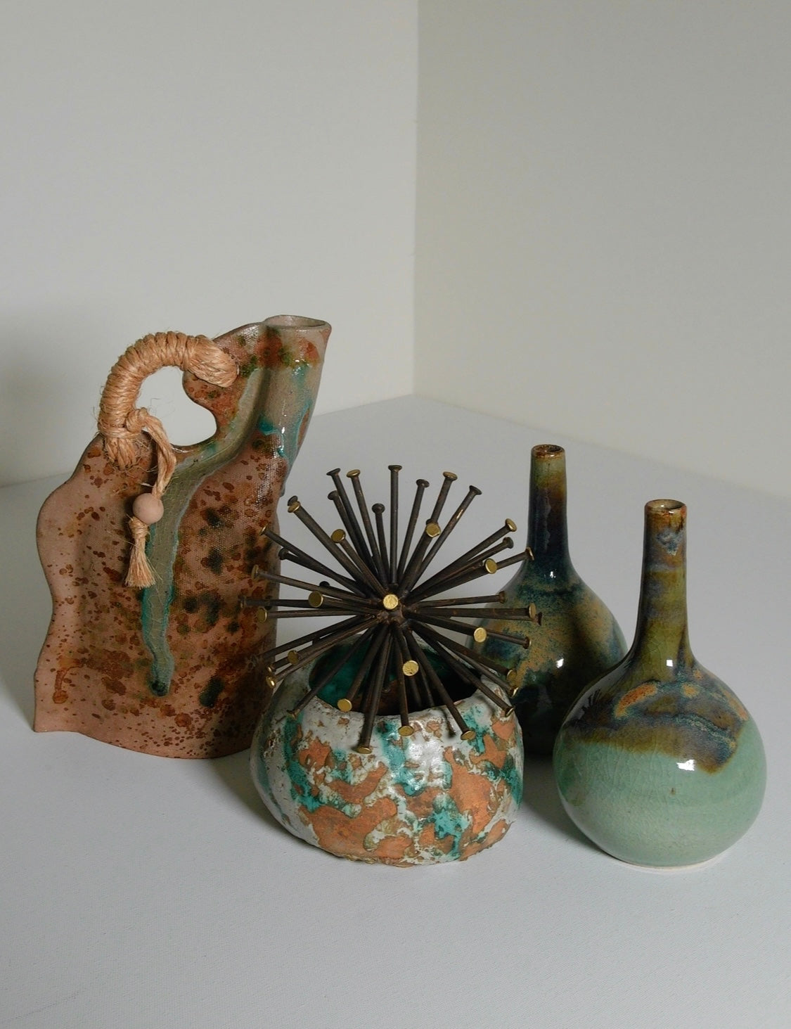 Handmade Drip Glaze Ceramic Vase with Rope Handle - Vintage
