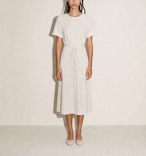 Vintage Cream Textured Tie-Front Dress