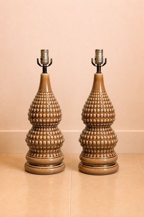 Pair of Brown Hobnail Ceramic Table Lamps