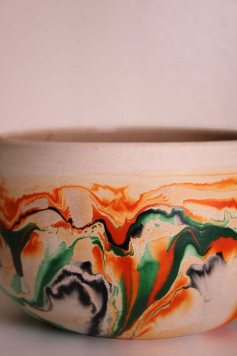 Vintage Nemadji Pottery Abstract Marble Bowl Green Orange Black Swirl