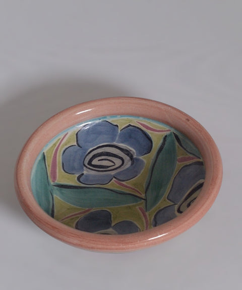 Vintage Mexican Hand-Painted Blue Floral Pottery Bowl | Folk Art Ceramic Dish