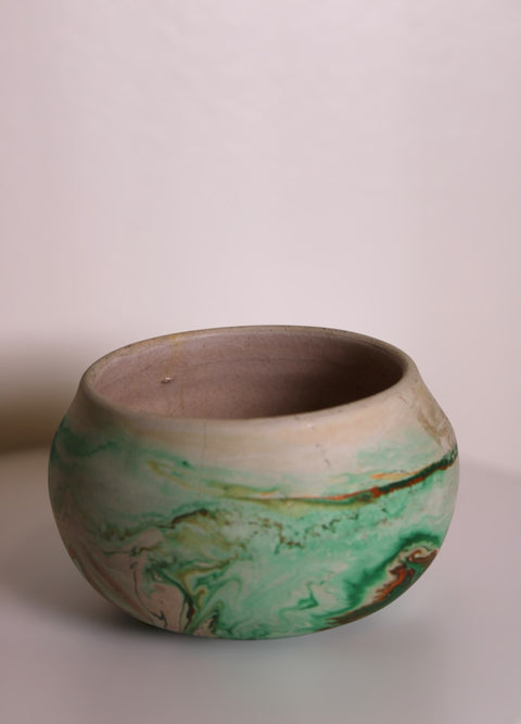 Vintage Nemadji Pottery Green Marble Bowl Hand Thrown Art Pottery