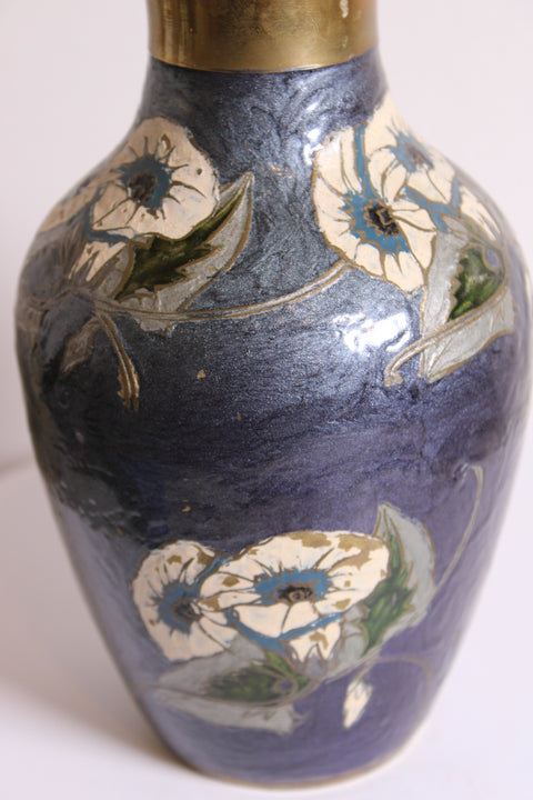 Vintage Indian Brass & Enamel Cobalt Blue Floral Vase