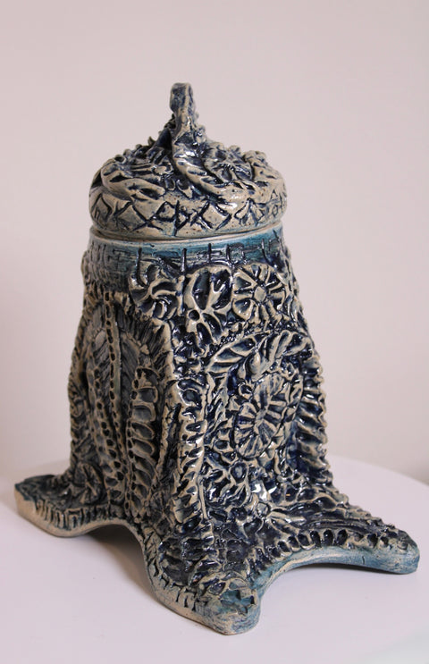 Blue White Folk Art Ceramic Covered Box