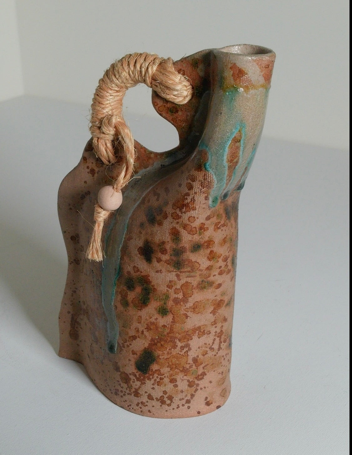 Handmade Drip Glaze Ceramic Vase with Rope Handle - Vintage