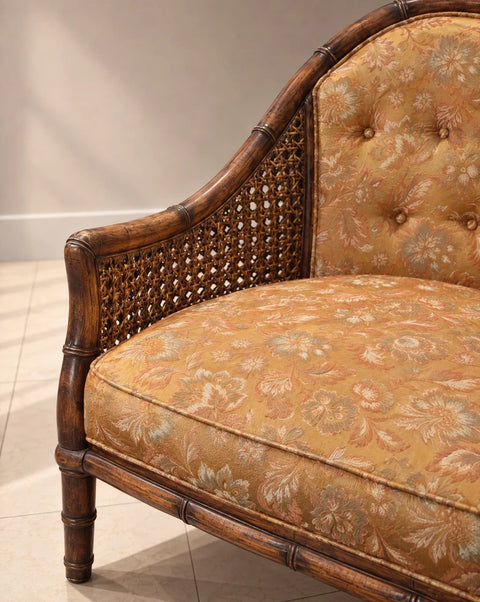 Vintage Cane-Side Barrel Armchair with Gold Floral Upholstery