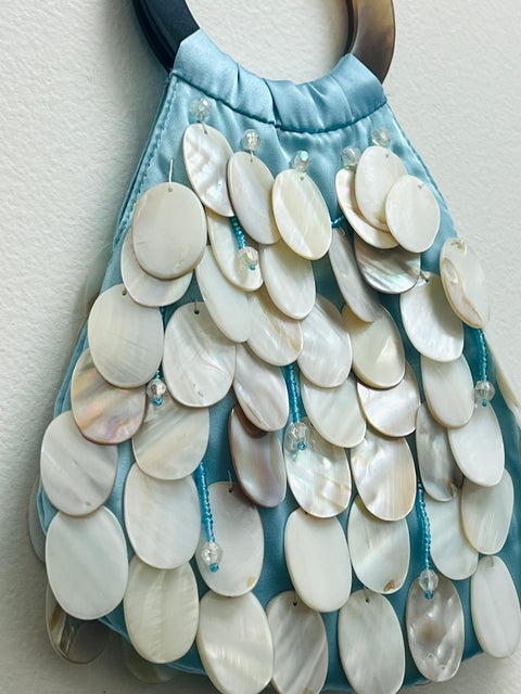 Aqua Shell-Embellished Ring-Handle Handbag