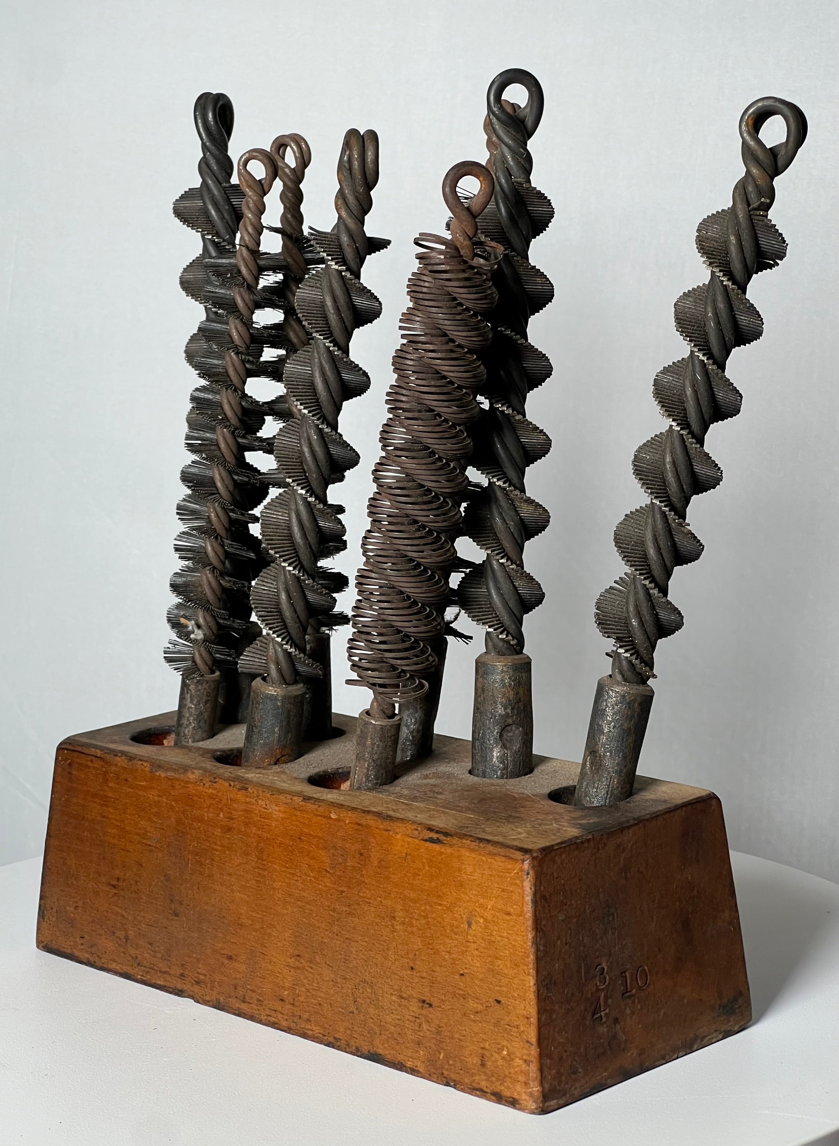 Antique Lathed Turned Wood Drill Holder & Bits (Vintage)