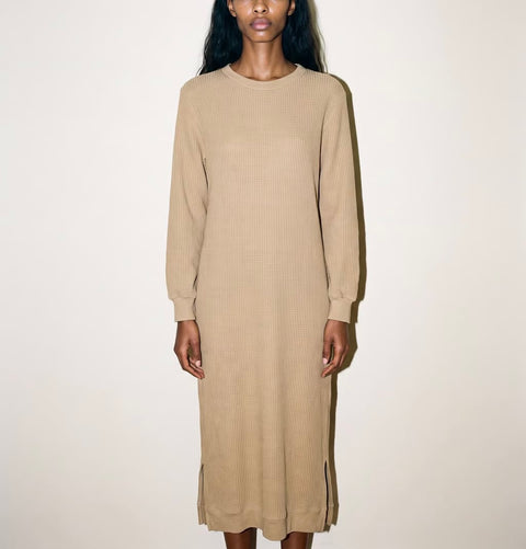Vintage Beige Ribbed Knit Dress — product detail