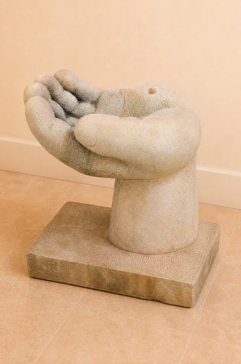 Vintage Hand Sculpture Cement Bird Bath – Monumental Garden Art Planter