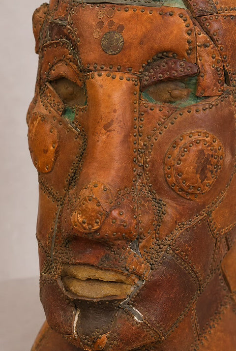 Vintage Patchwork Leather Bust Sculpture | Handcrafted Decorative Head
