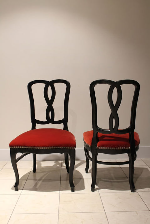 Vintage Black Ribbon Back Dining Chairs with Red Upholstery (Pair)