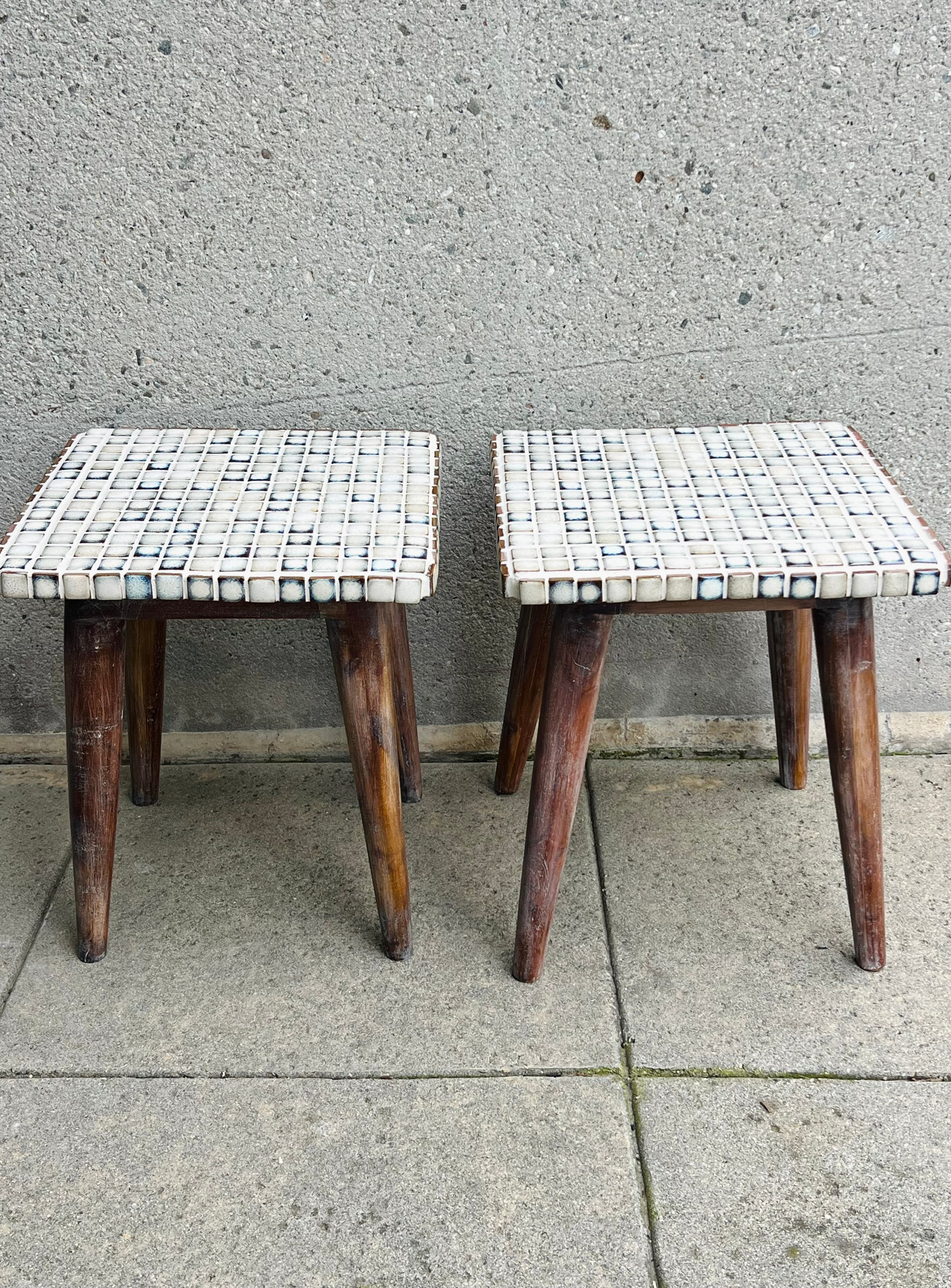 Hand tiled white/blue accent Side Tables (Pair)