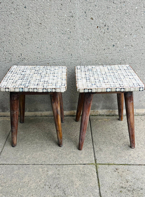 Hand tiled white/blue accent Side Tables (Pair)