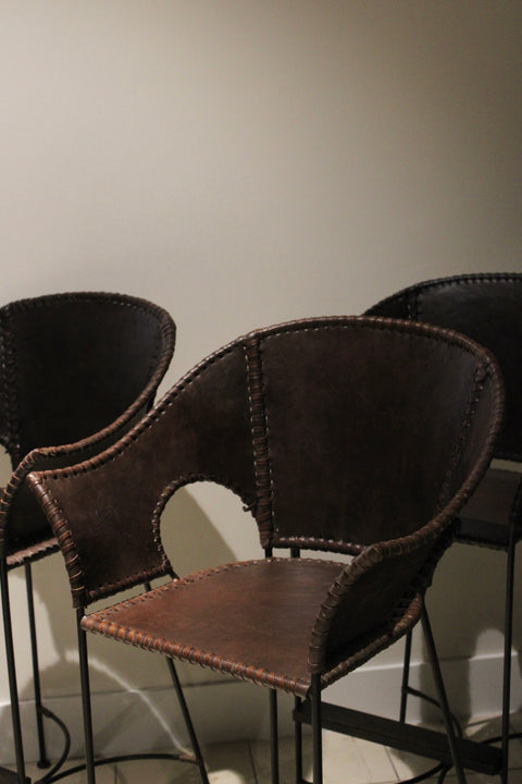Set of 3 Vintage Leather & Iron Counter Stools | Rustic Modern Bar Seating