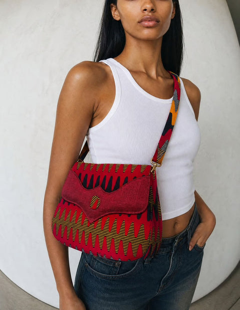Red Geometric-Print Top-Handle Shoulder Bag